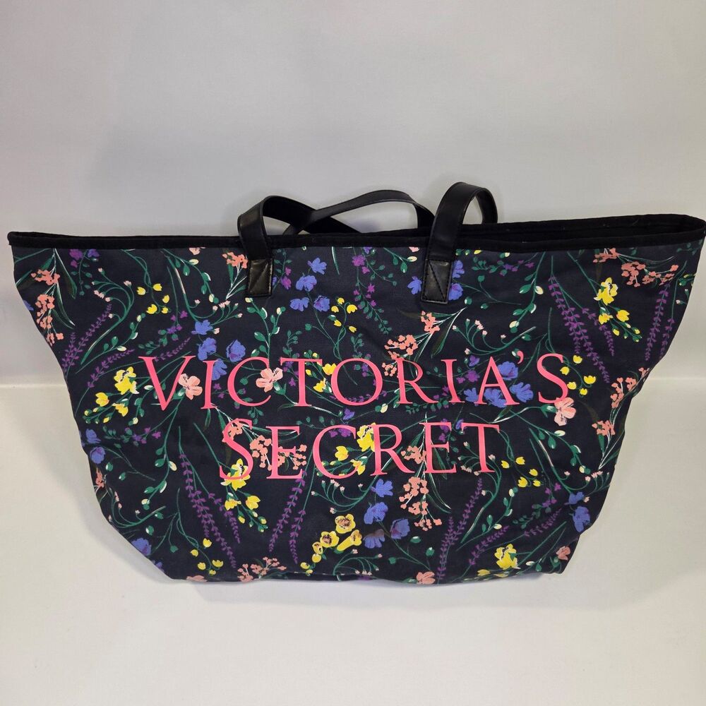 Victoria's Secret Black FLORAL WEEKENDER Tote Bag VS LOGO Large Embroidered